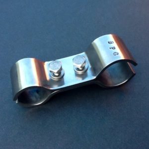 Boat chandlery pole clamp double size combination stainless steel.